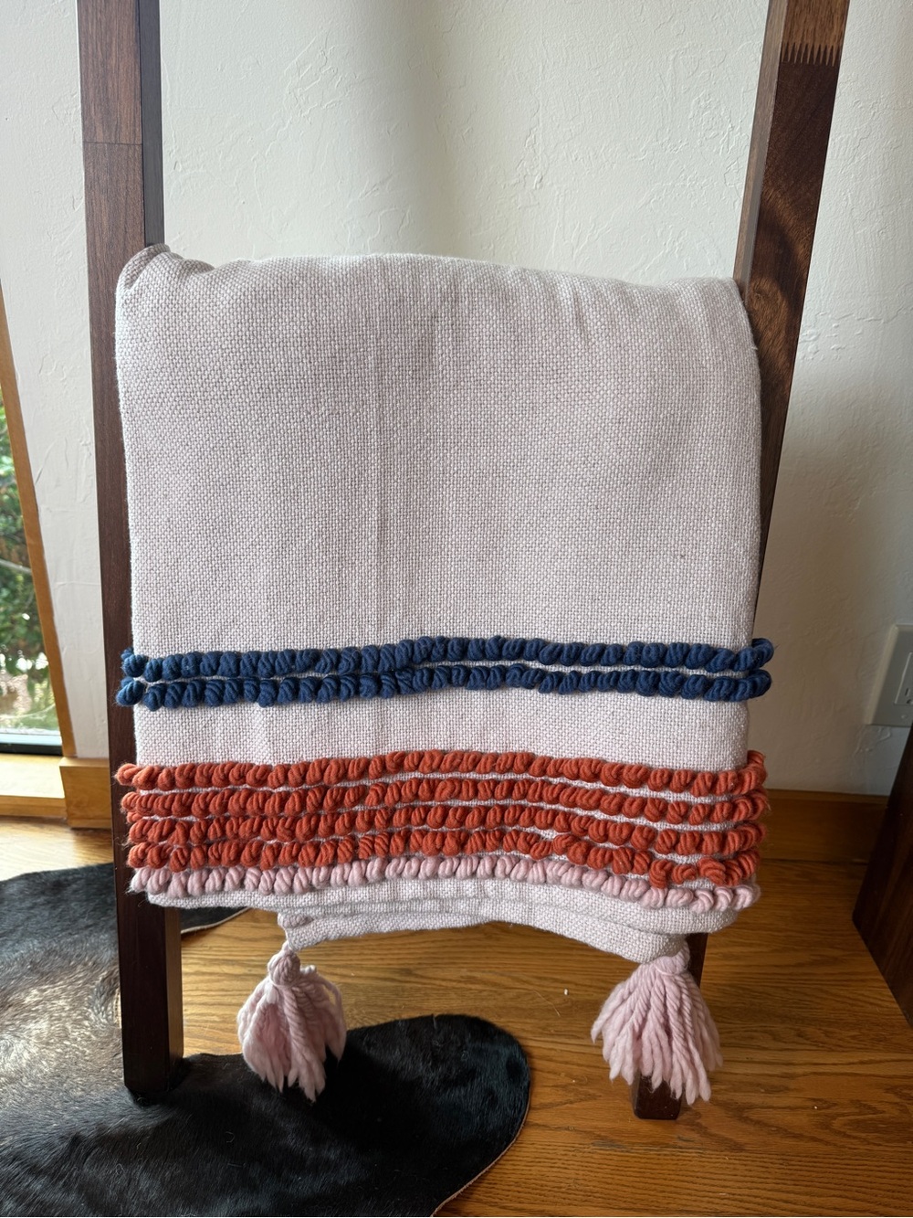 Anthropologie Pink Throw with Blue and Rust Trim